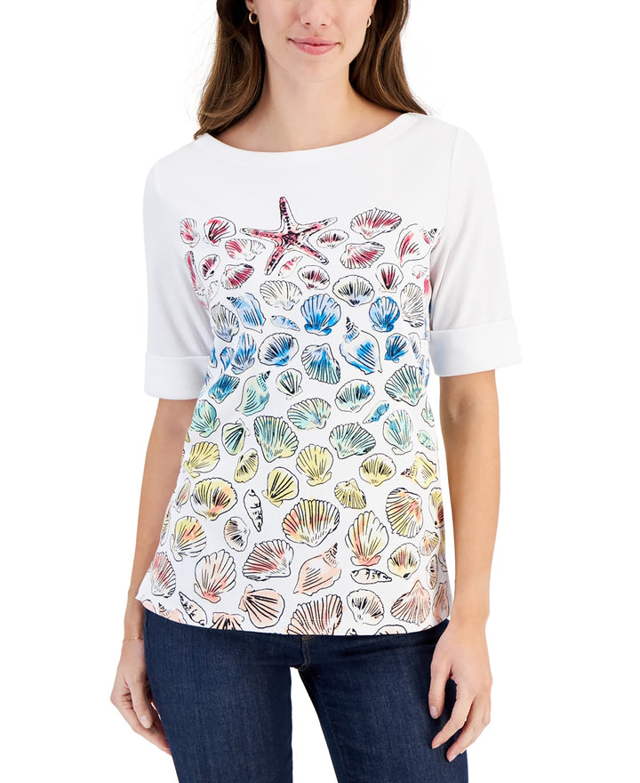 Seashell-Print Elbow-Sleeve Top