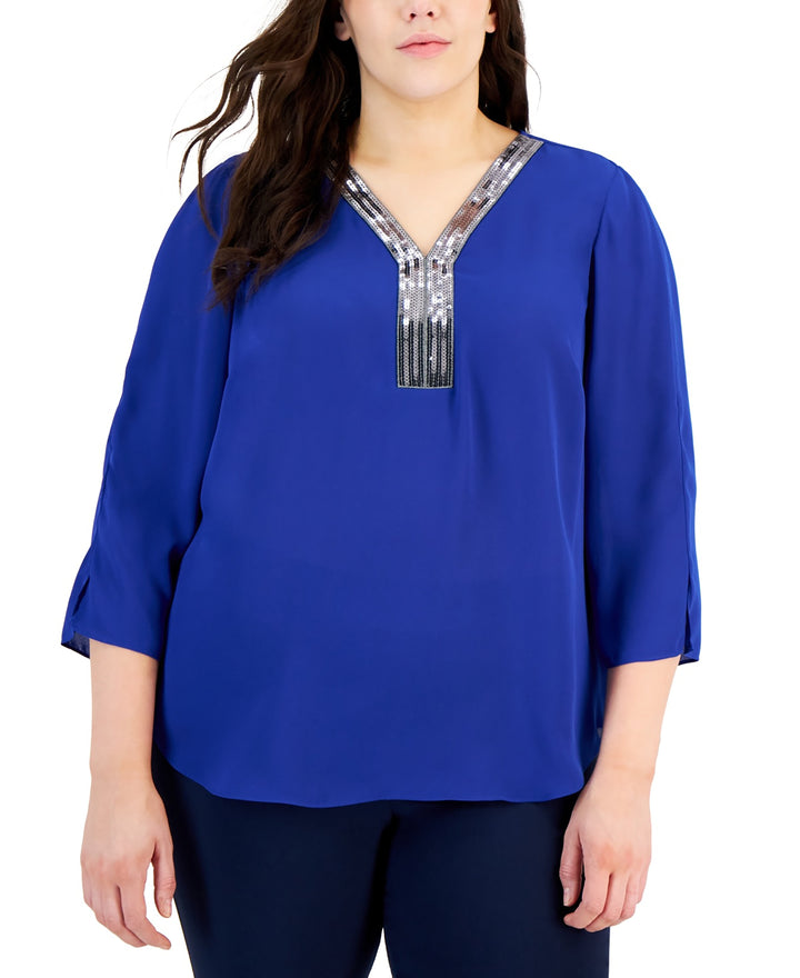 Plus Size Sequined-Neck 3/4-Sleeve Top