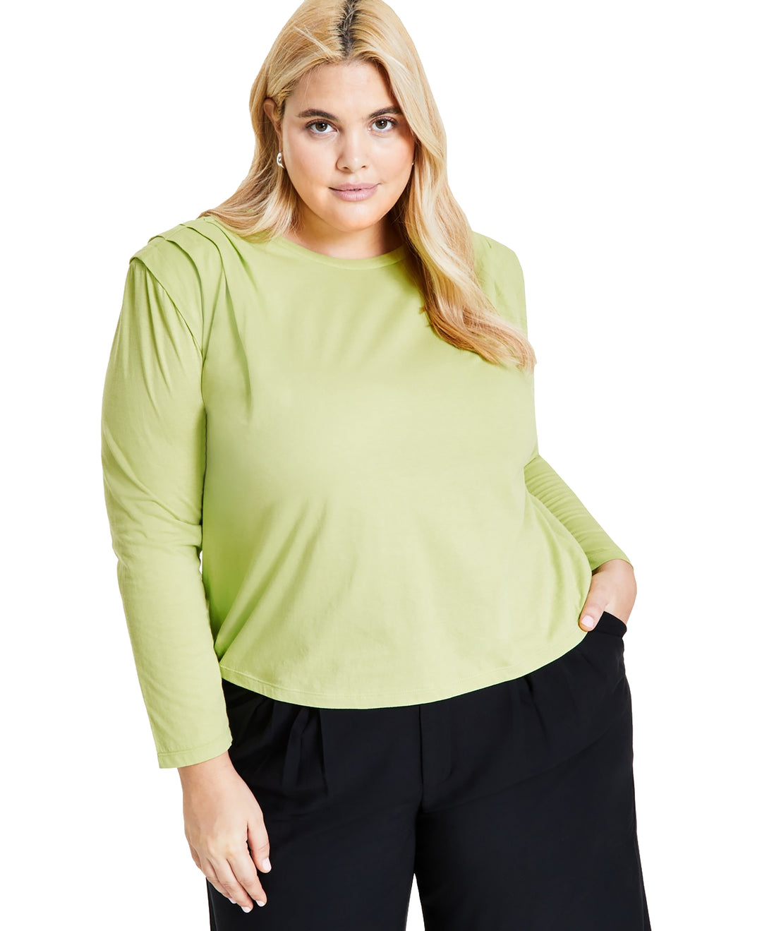 Plus Size Cotton Round-Neck Pleat-Shoulder T-Shirt