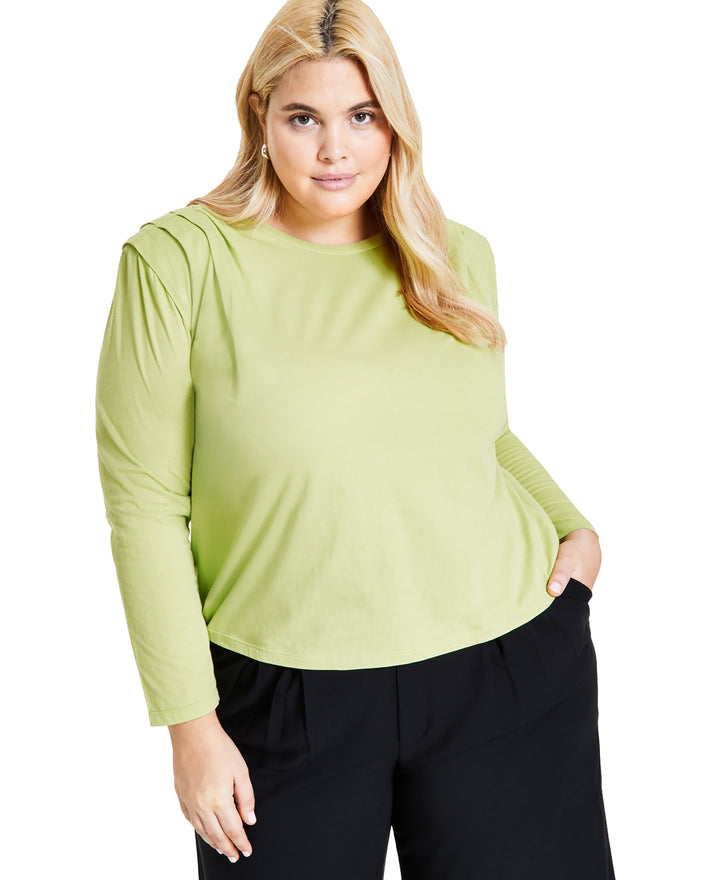 Plus Size Cotton Round-Neck Pleat-Shoulder T-Shirt
