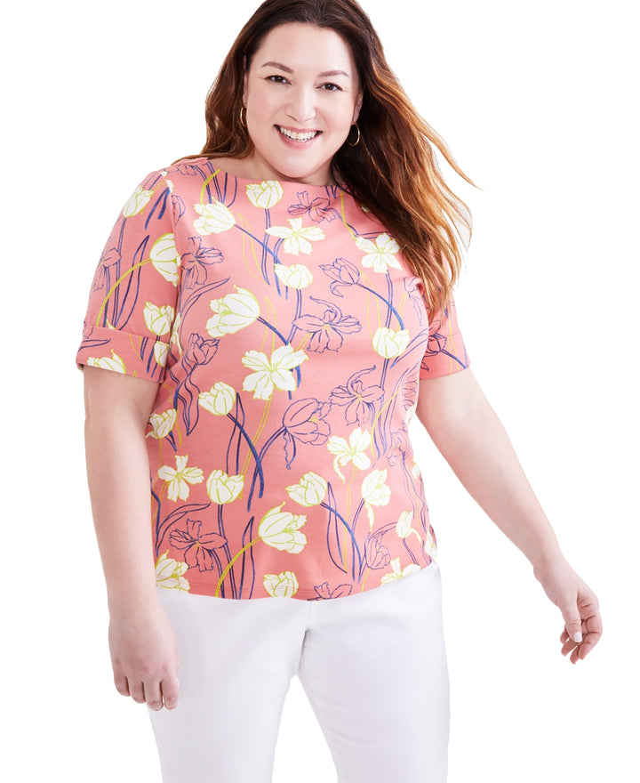 Plus Size Printed Elbow-Sleeve Top