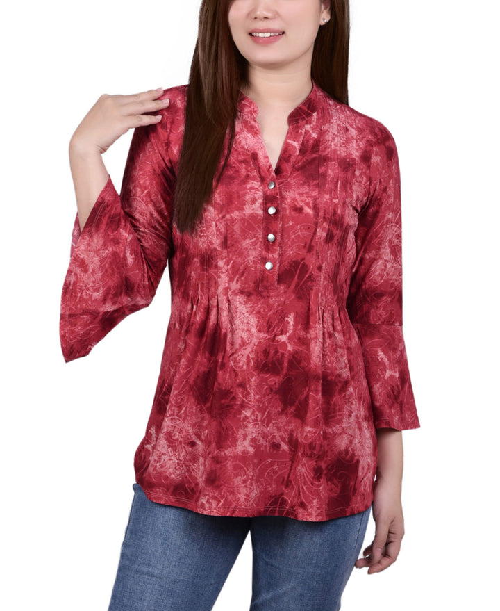 Petite 3/4 Bell Sleeve Printed Pleat Front Y-neck Top