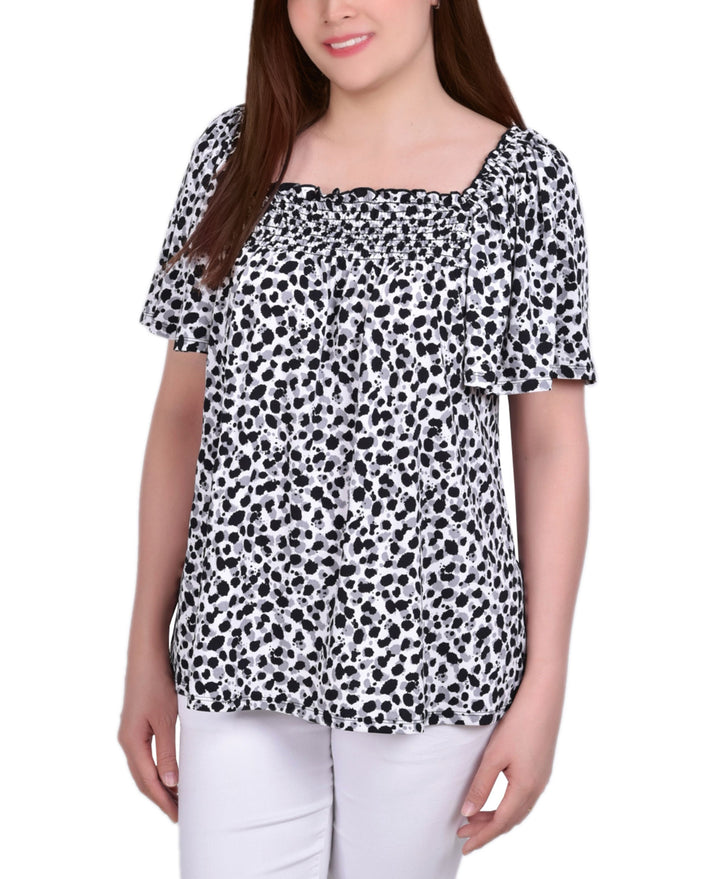 Petite Smocked Front Short Sleeve Square Neck Crepe Top