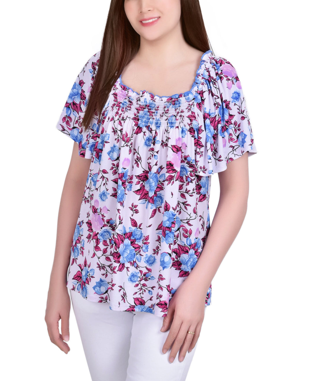 Petite Smocked Front Short Sleeve Square Neck Crepe Top