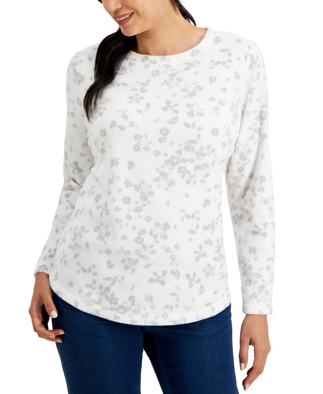 Petite Cotton Floral-Print Microfleece Pullover Top