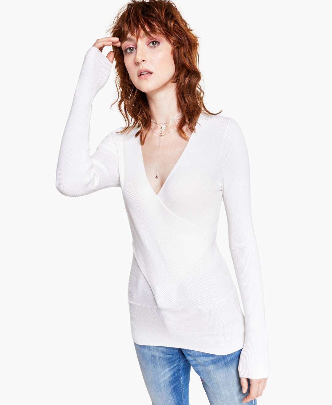 INC International Concepts Solid Ribbed Surplice Sweater