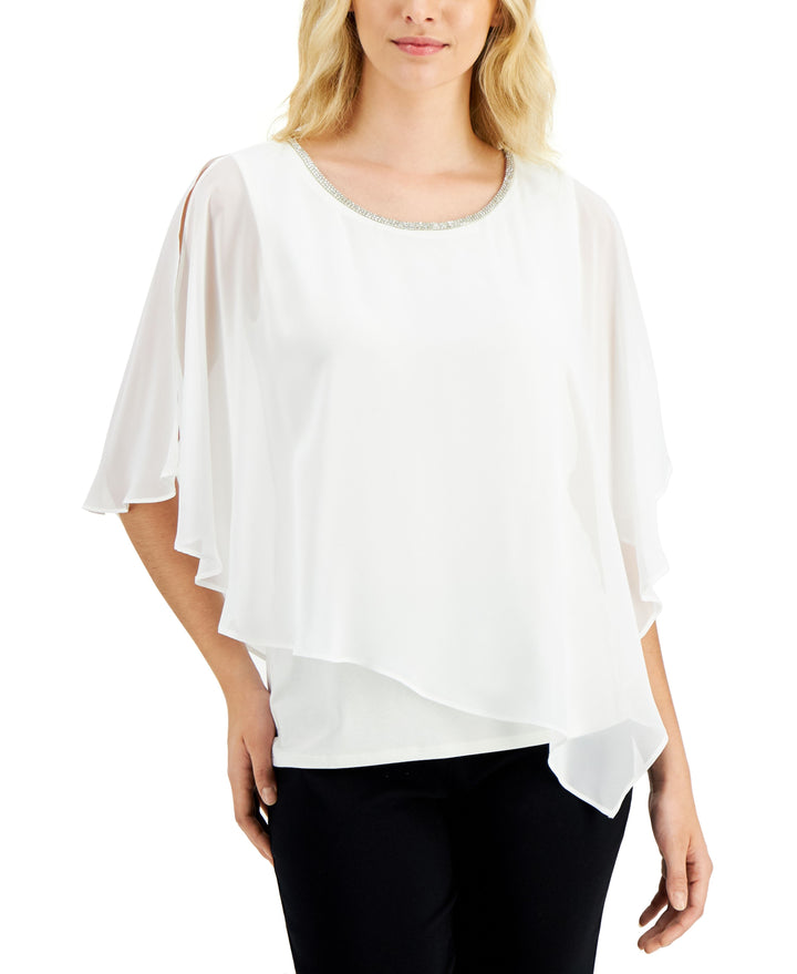 JM Collection Rhinestone Sheer Overlay Top