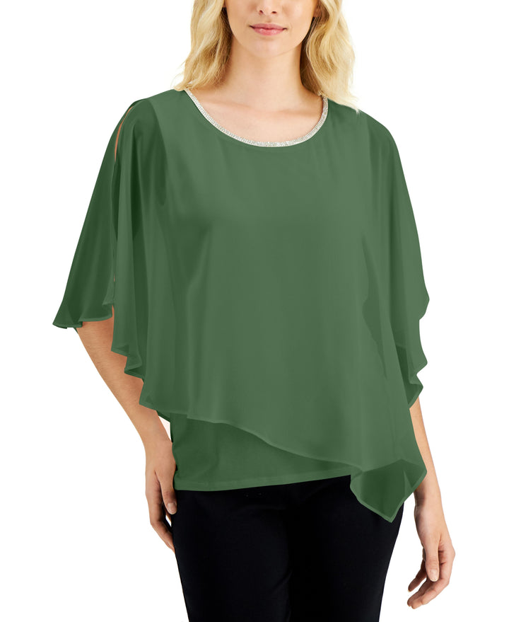 JM Collection Rhinestone Sheer Overlay Top