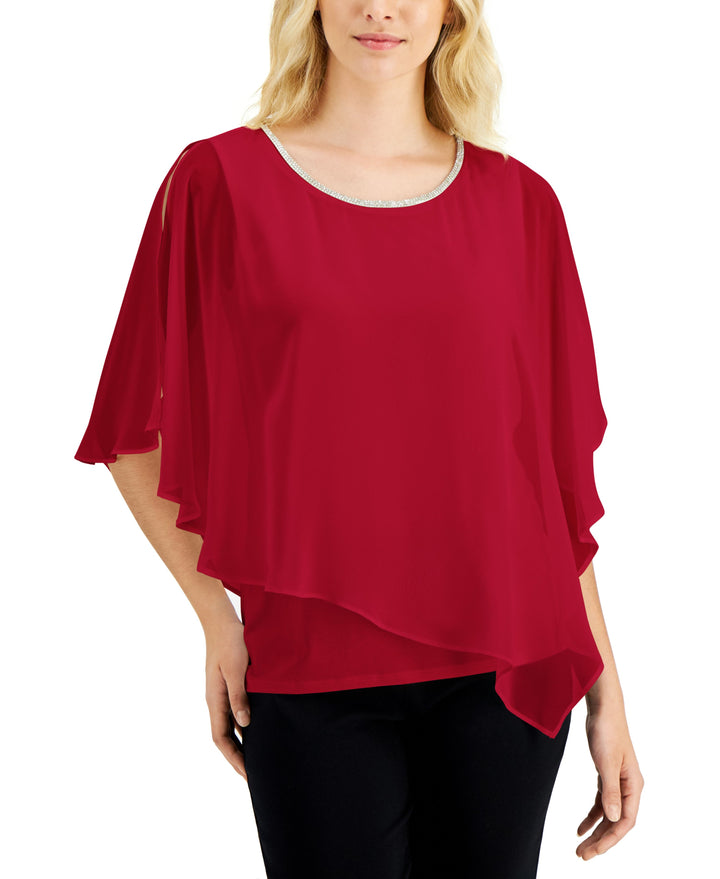 JM Collection Rhinestone Sheer Overlay Top