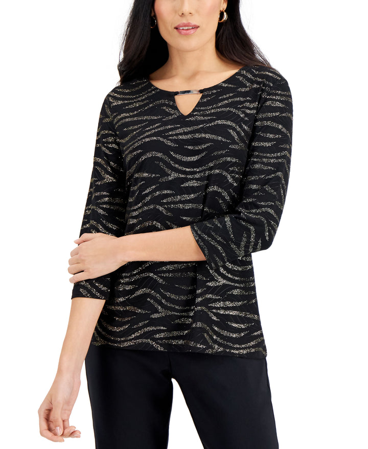 JM Collection Glitter Zebra Print Embellished Keyhole Jacquard Top