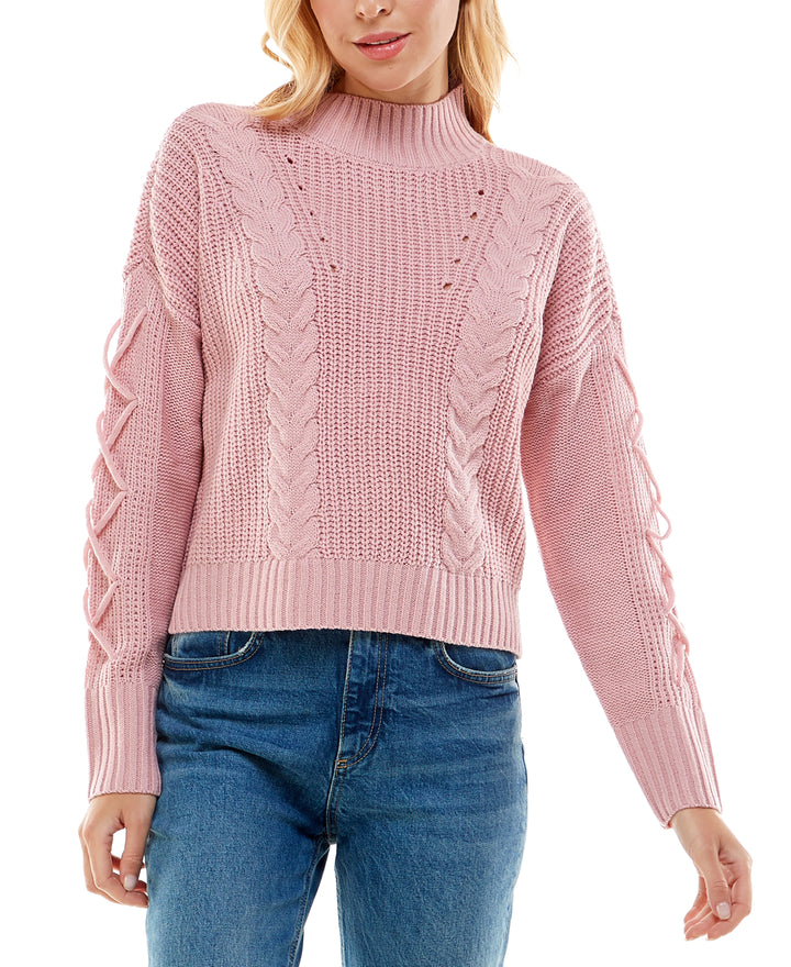 Juniors' Mock-Neck Lace-Up-Sleeve Sweater