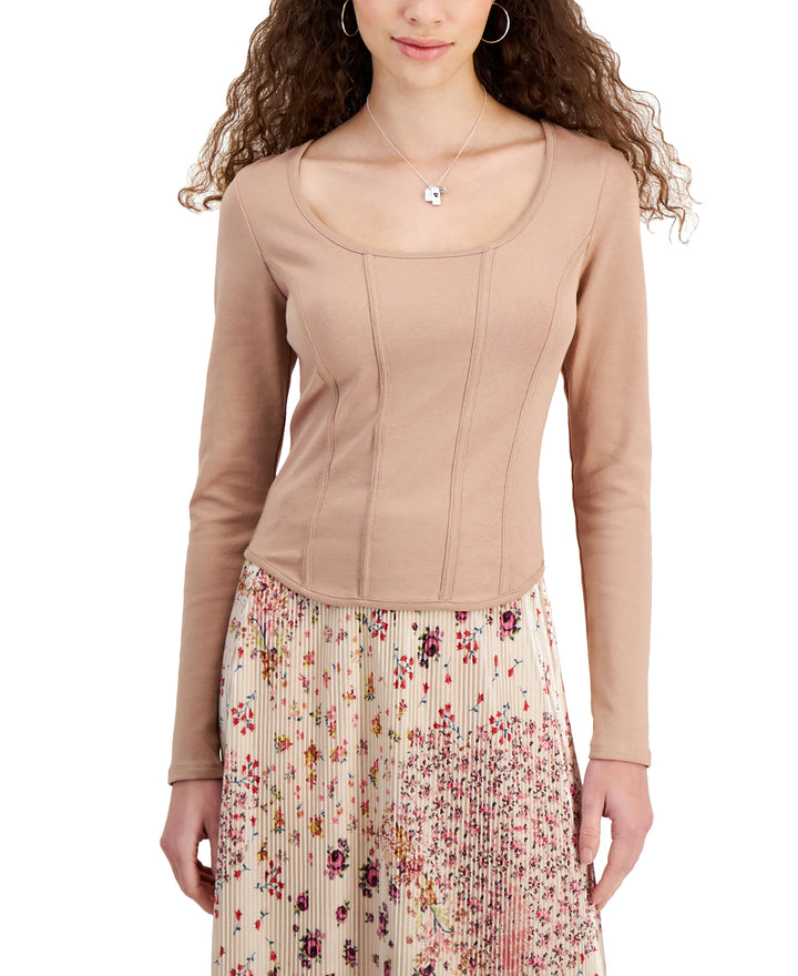 Crave Fame Juniors' Long-Sleeve Corset Knit Top