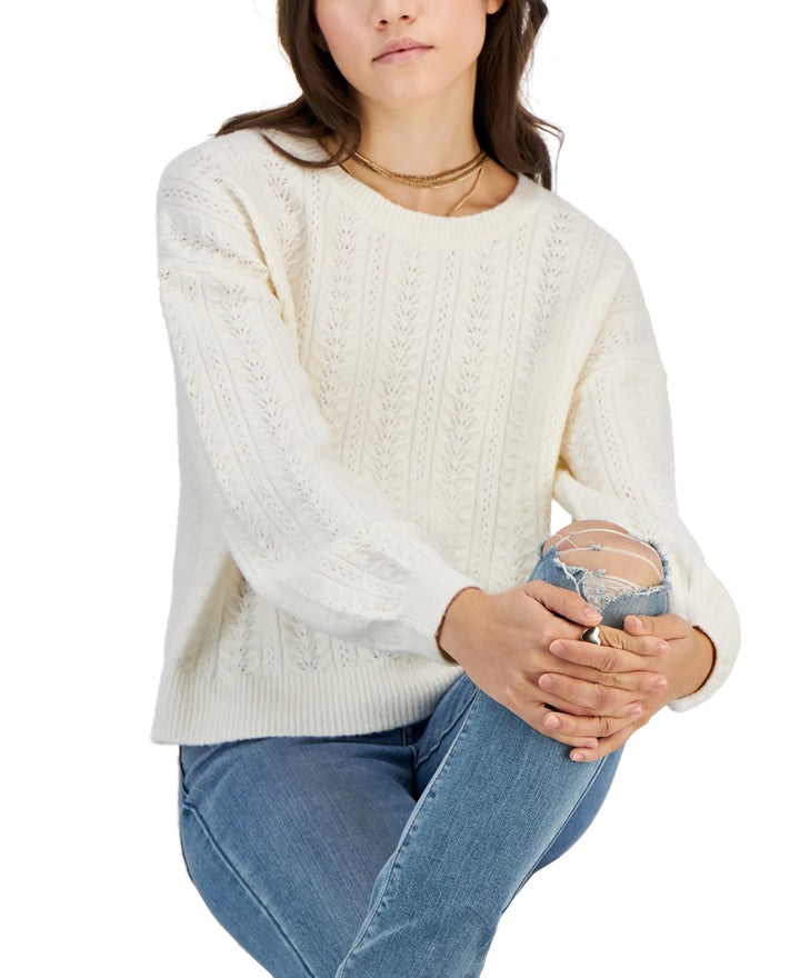 Juniors' Crewneck Pointelle-Knit Sweater