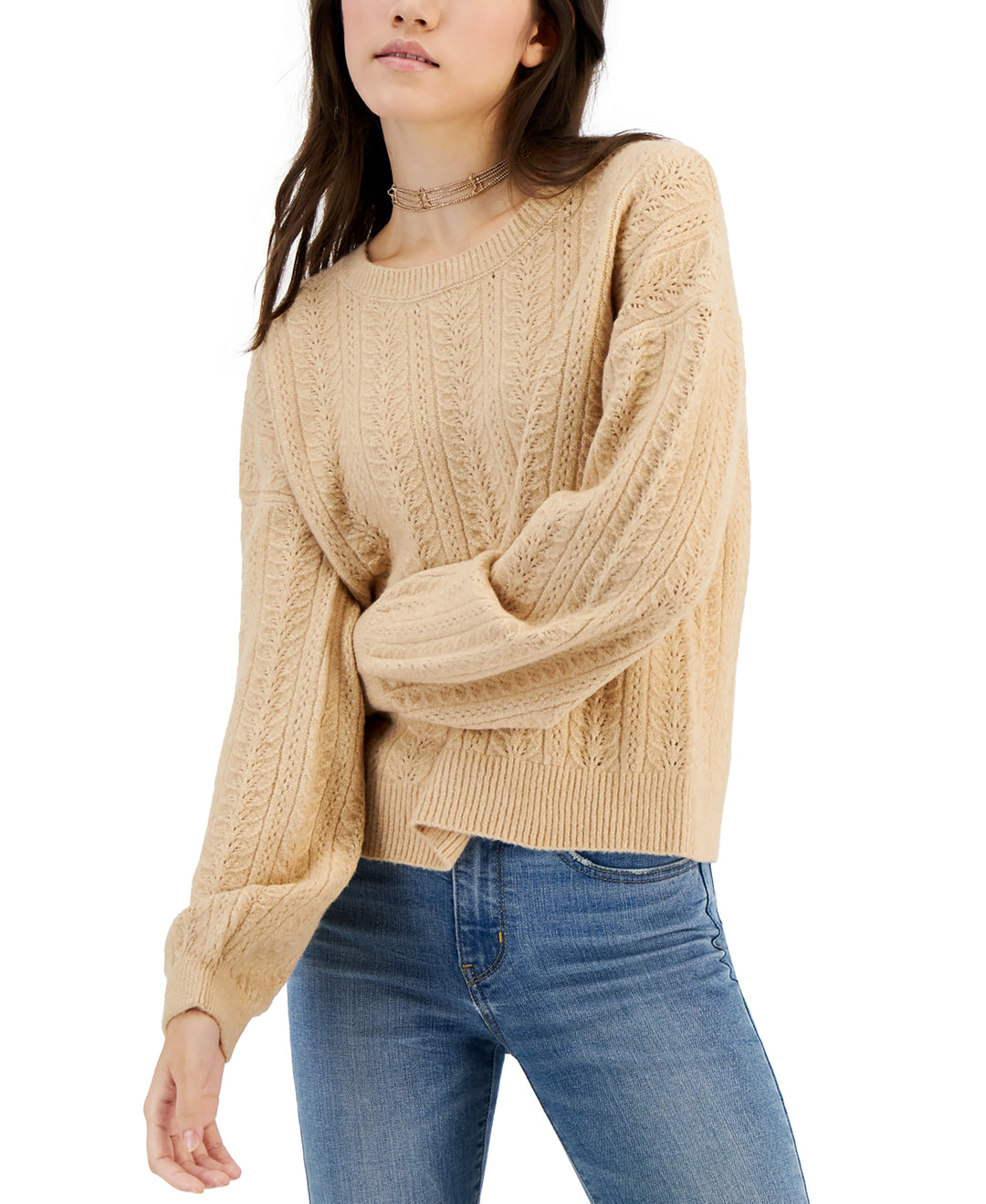 Juniors' Crewneck Pointelle-Knit Sweater