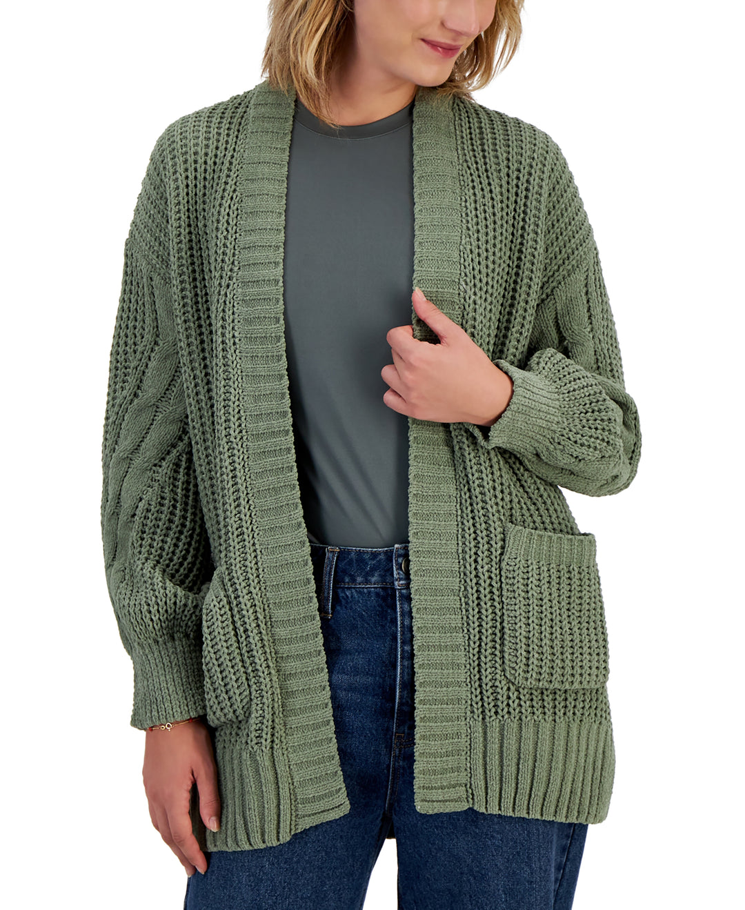 Juniors' Cozy Chenille Cable-Knit Cardigan Sweater