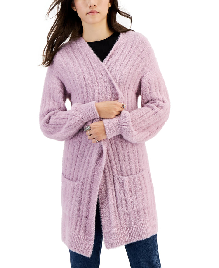 Juniors' Eyelash Ribbed Open-Front Cardigan