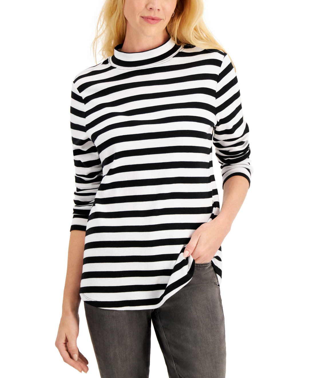 Charter Club Cotton Blithe Striped Mock Neck Top