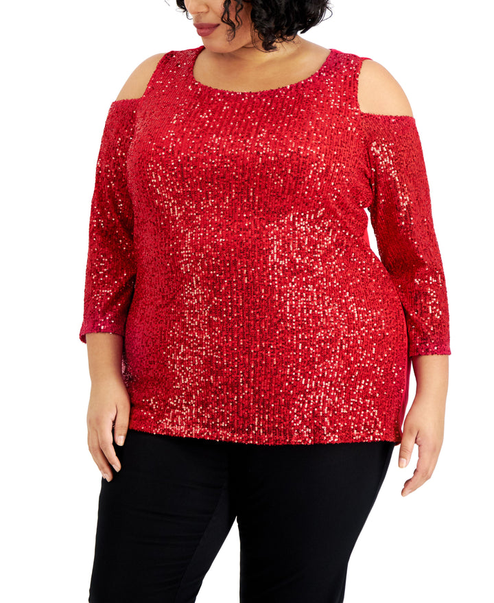 JM Collection Plus Size Sequin Cold Shoulder Top