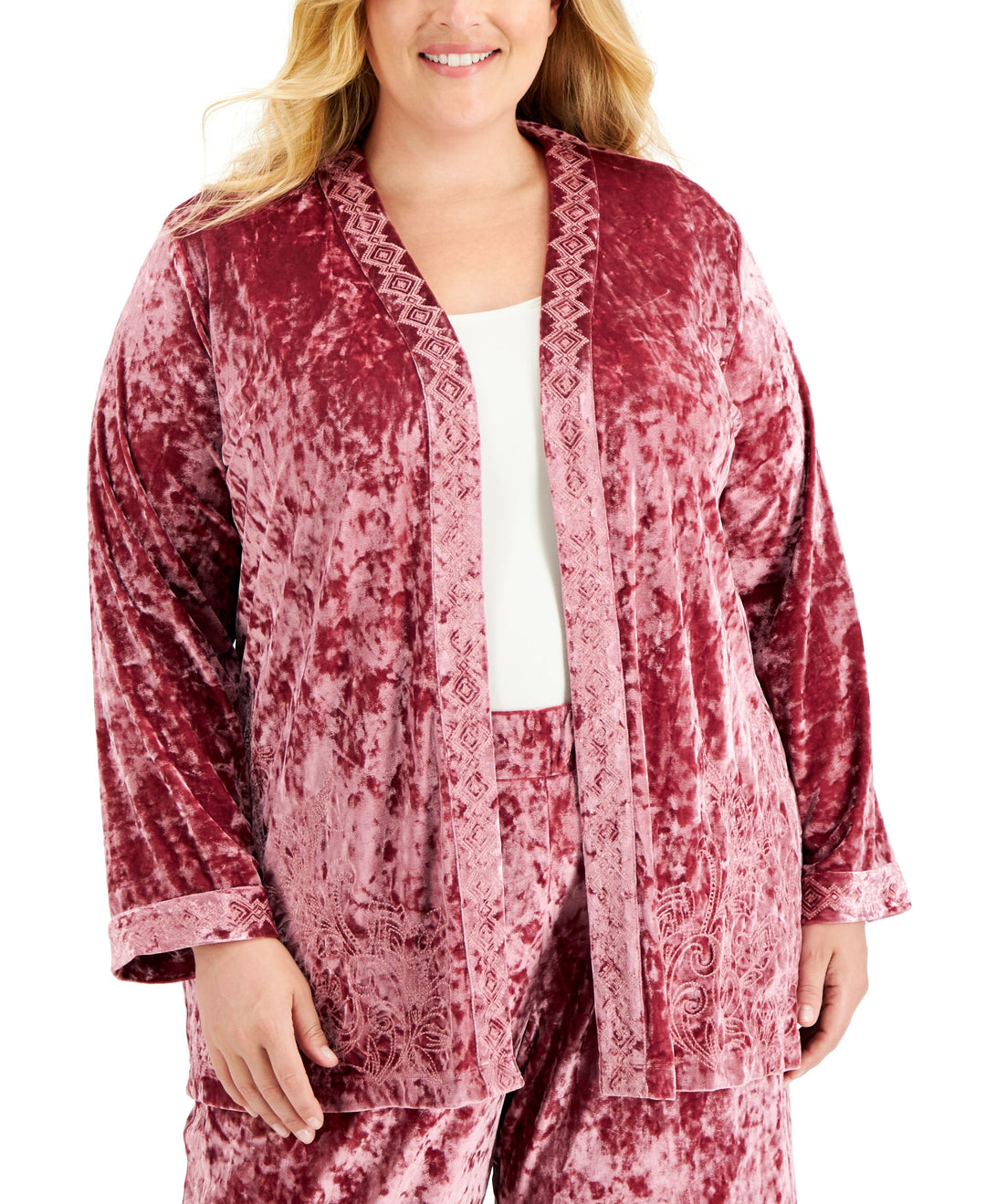 JM Collection Plus Size Embroidered Velour Open Front Cardigan