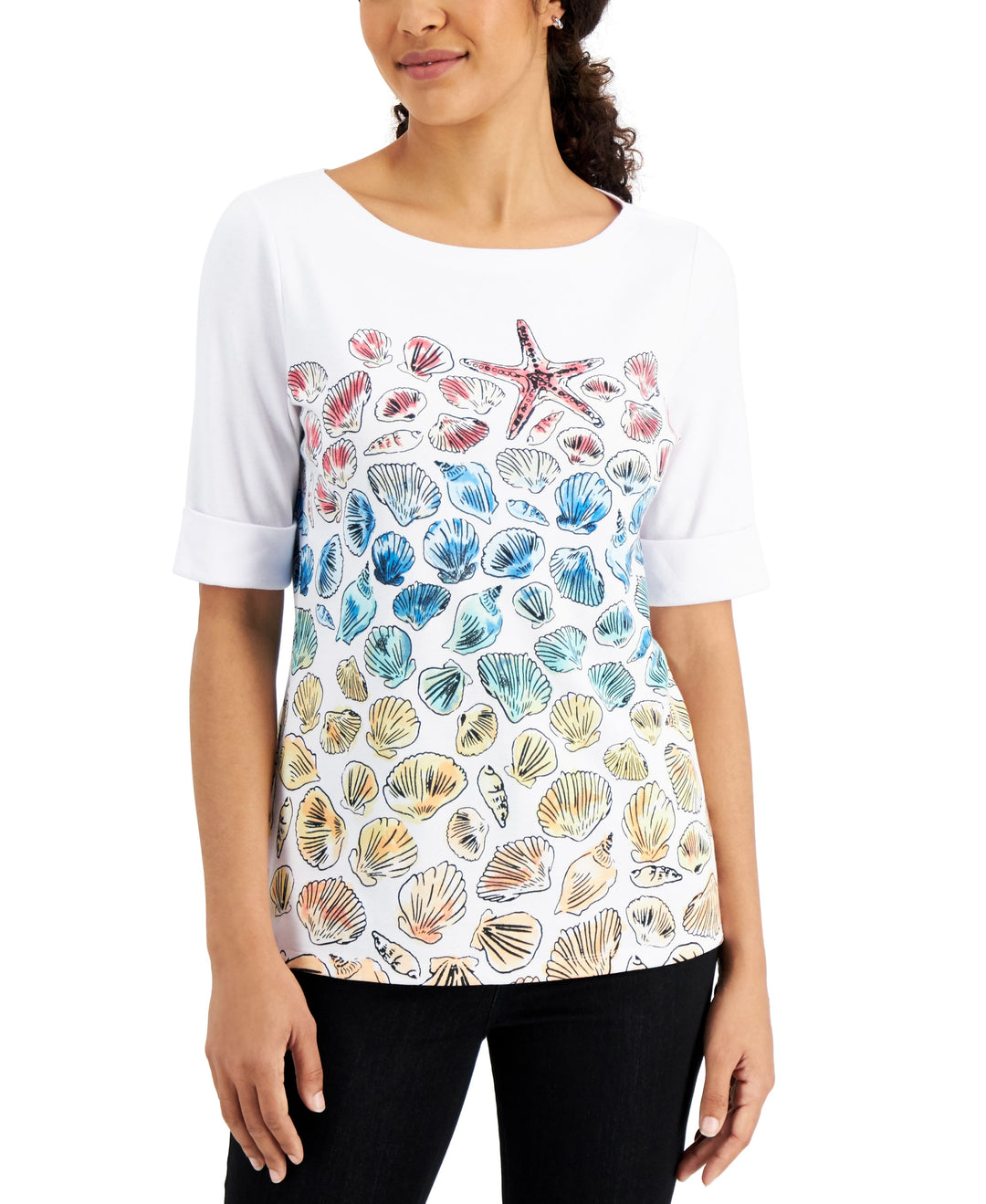 Seashell-Print Elbow-Sleeve Top