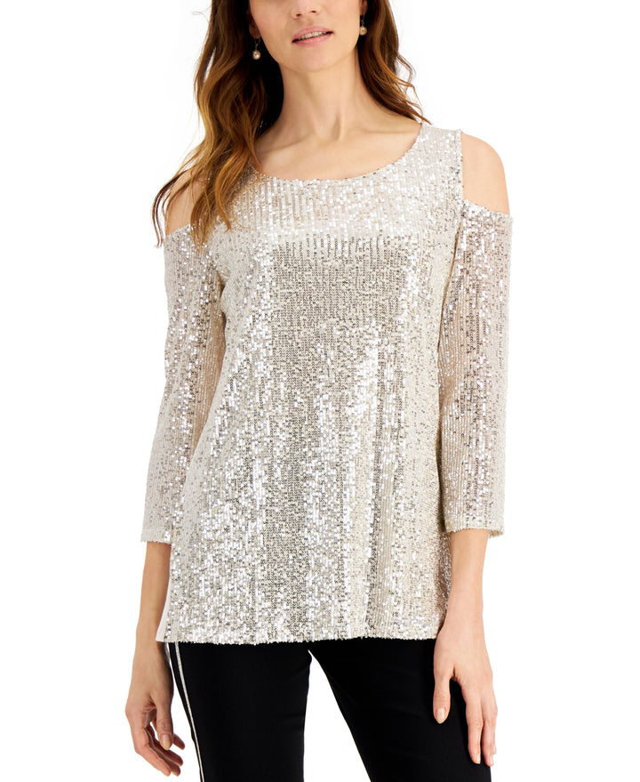 JM Collection Sequin Cold-Shoulder Top