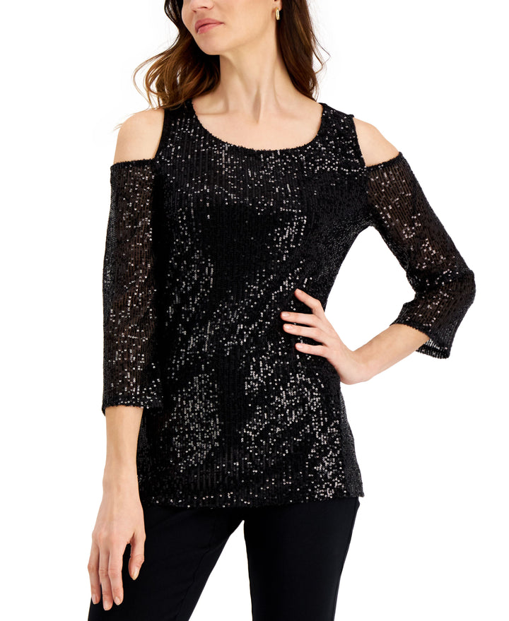 JM Collection Sequin Cold-Shoulder Top