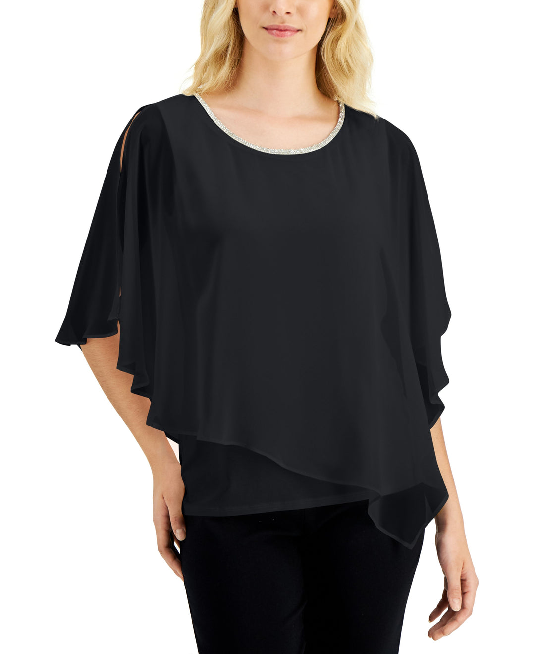 JM Collection Rhinestone Sheer Overlay Top