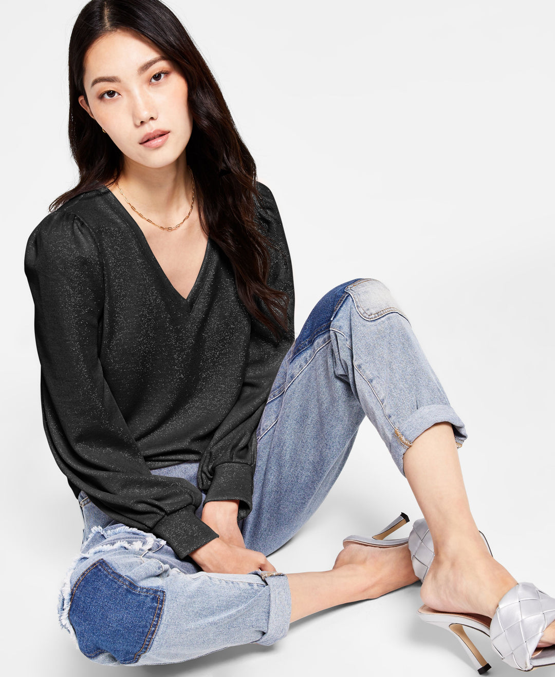 INC International Concepts Shimmering V Neck Blouson Sleeve Sweater