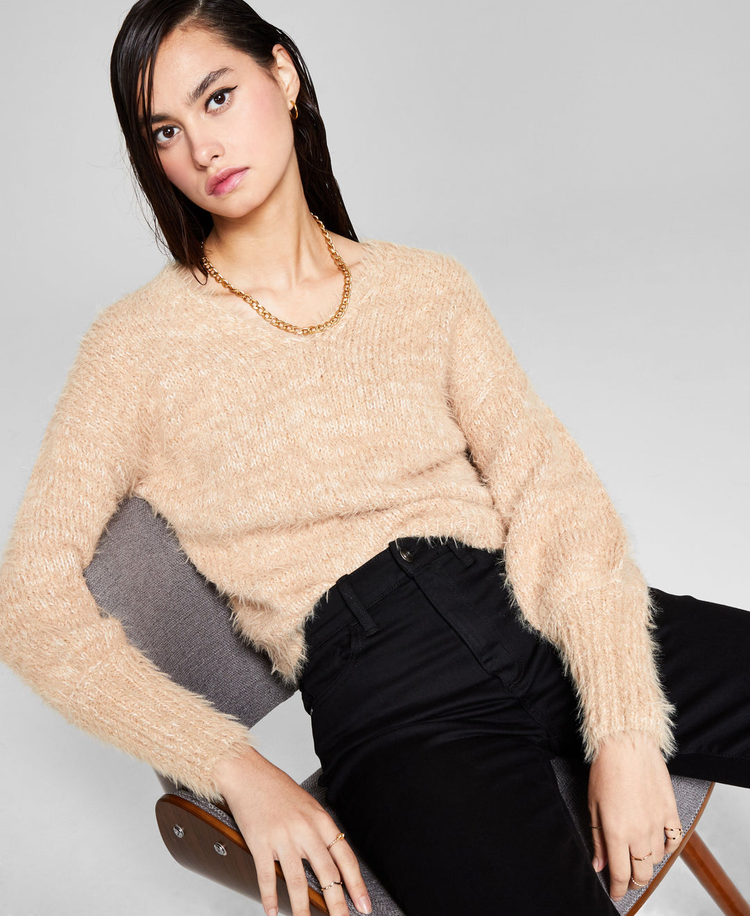 Now This V Neck Eyelash Knit Sweater