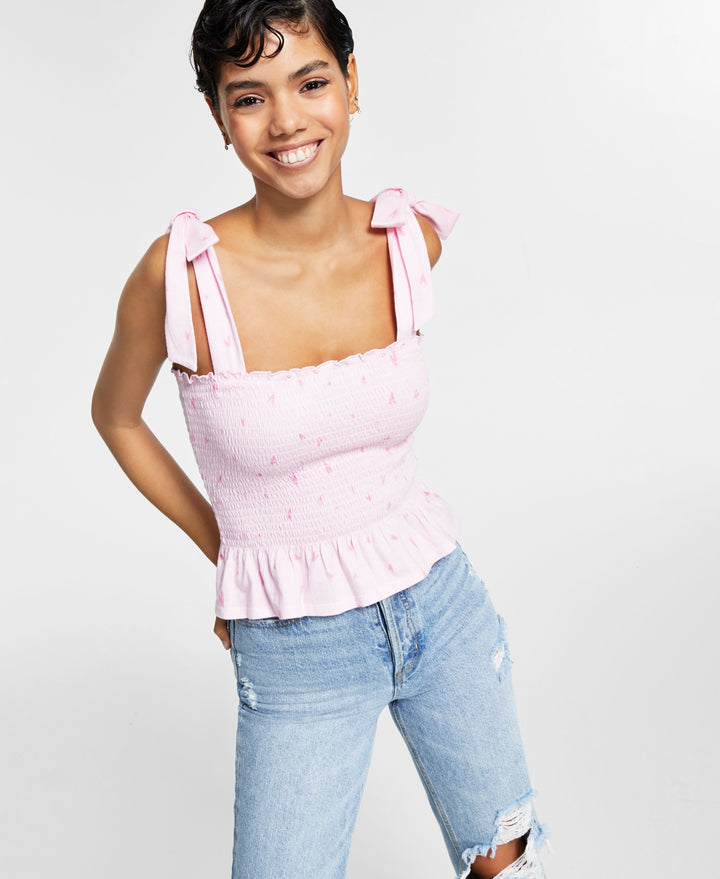 Bar III Cotton Smocked Heart Print Top