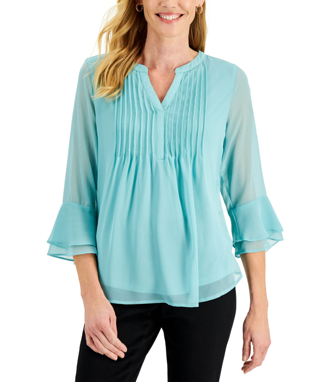 Charter Club Double Ruffle Solid Pintuck Top