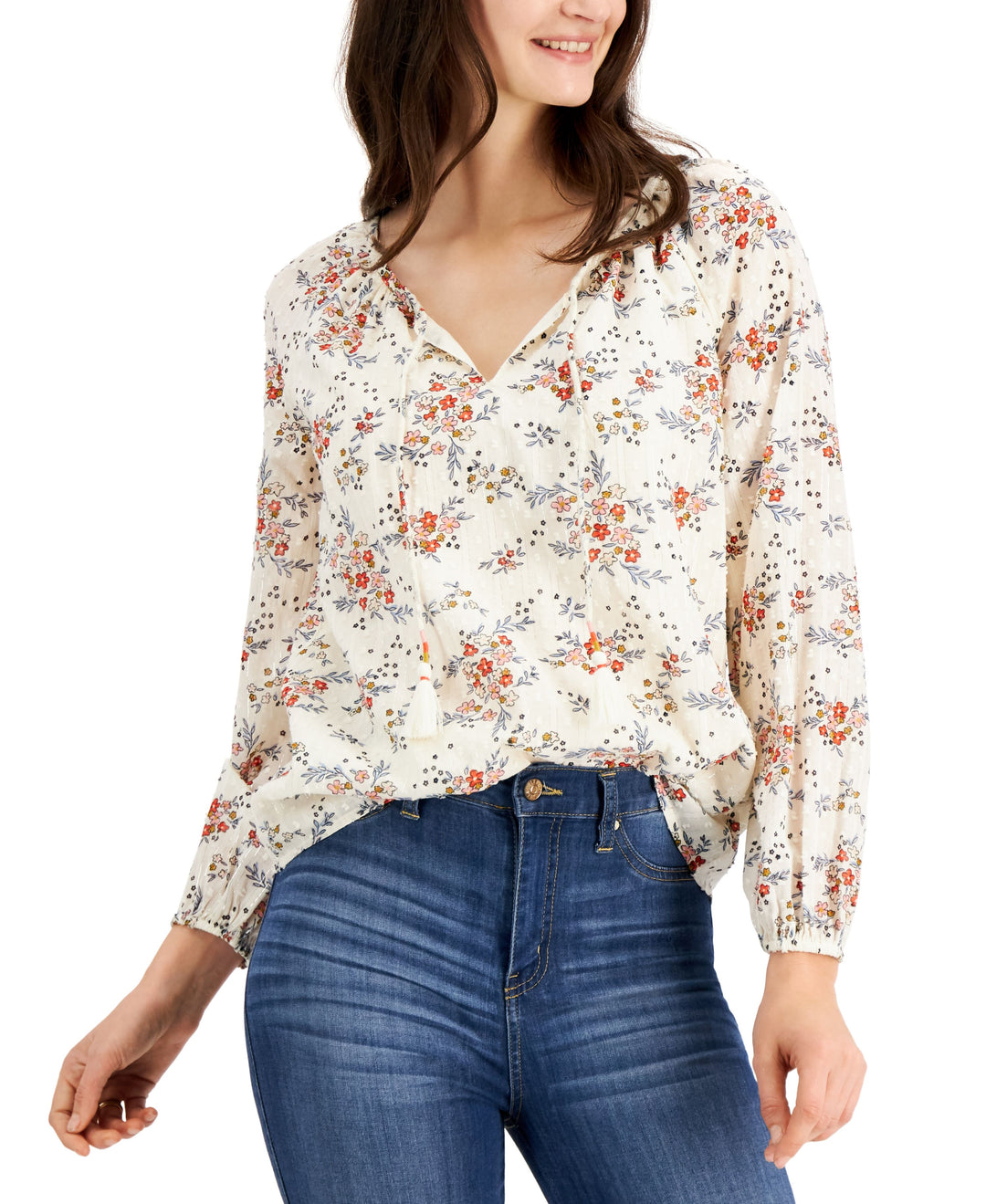 Style & Co Printed Embroidered Peasant Top