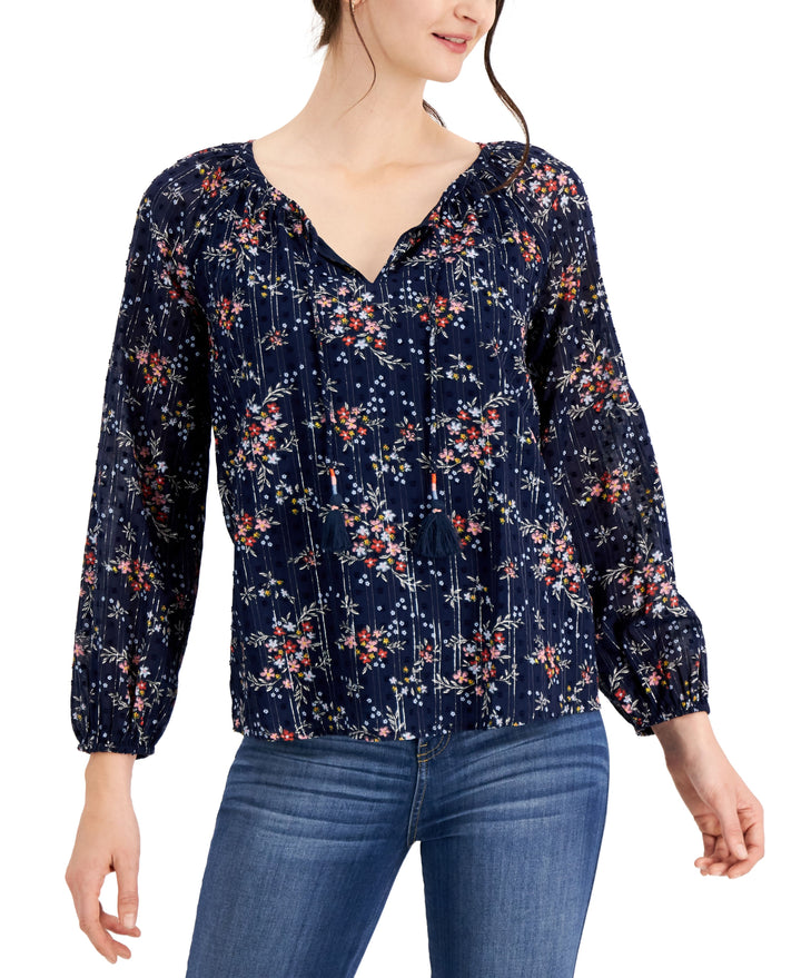 Style & Co Printed Embroidered Peasant Top