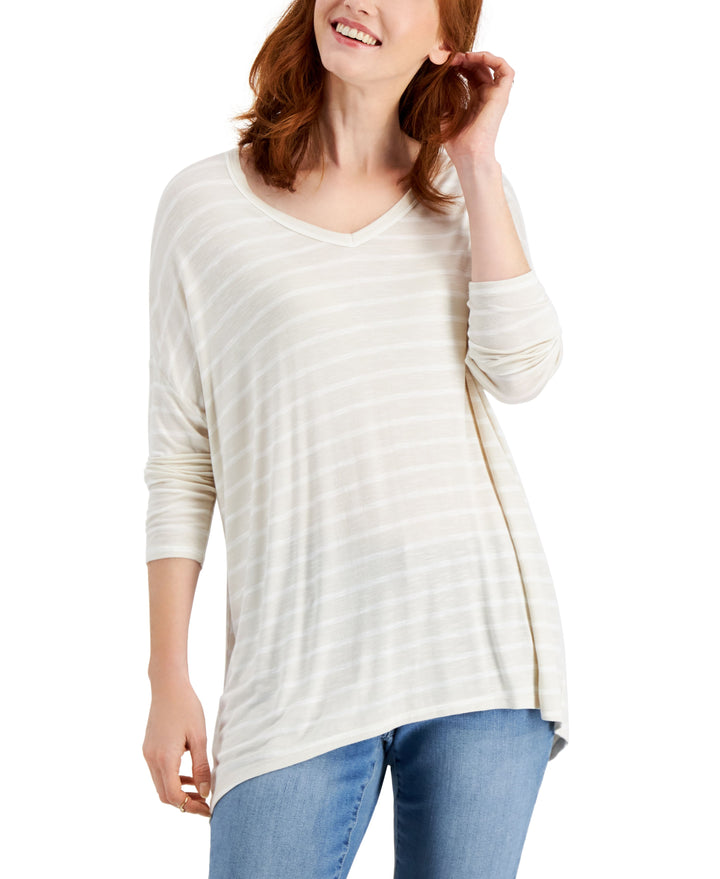 Style & Co Oversized Striped V Neck Knit Top