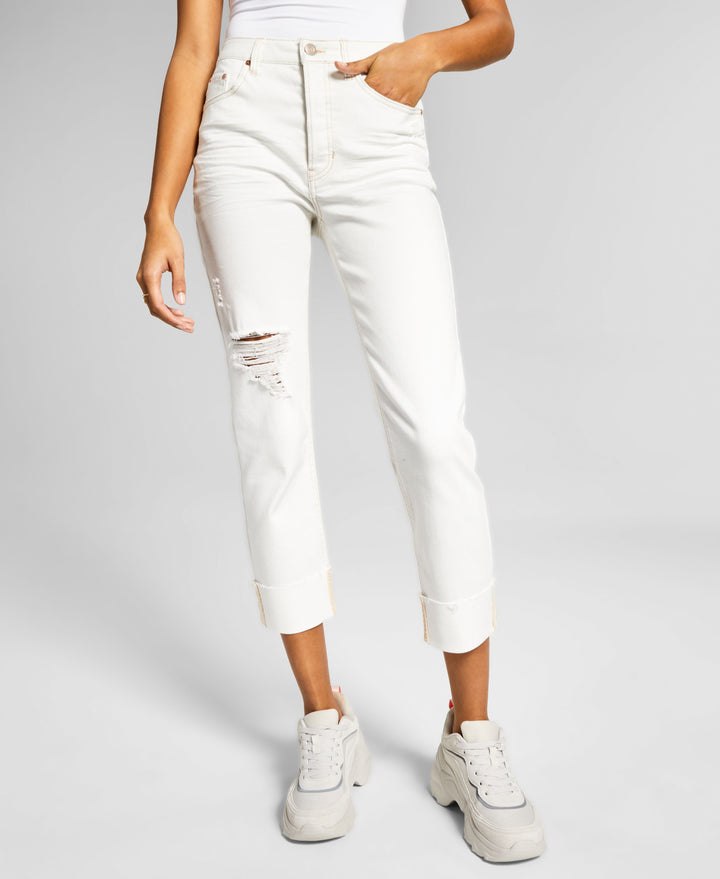 Now This Womens High Rise Vintage Straight Button Cuffed Jeans
