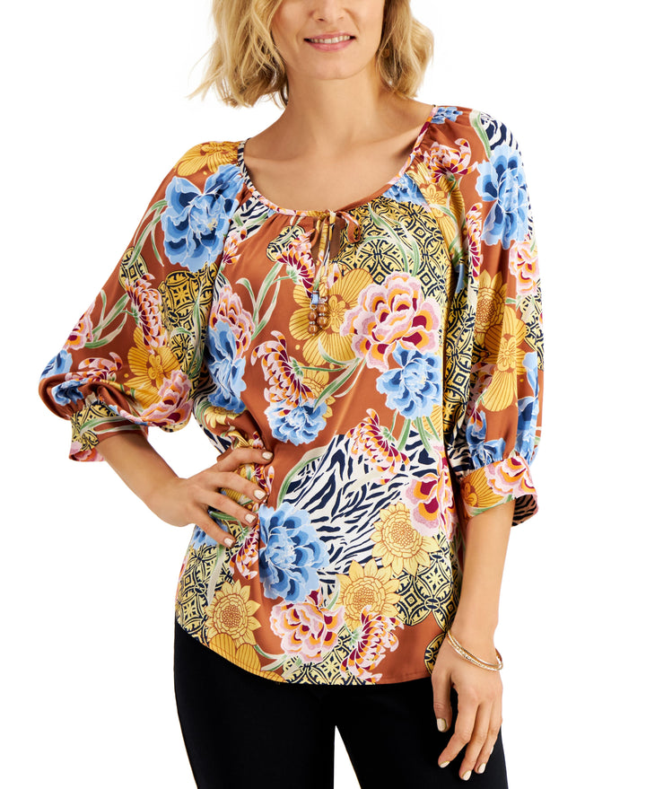 JM Collection Floral Print Balloon Sleeve Top