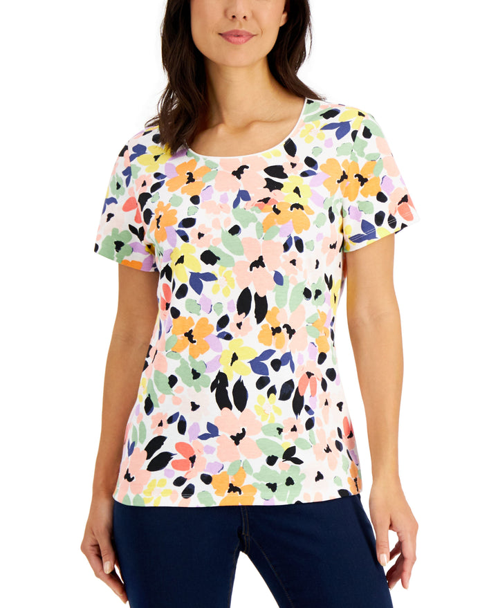 Karen Scott Floral Print Scoop Neck T-Shirt