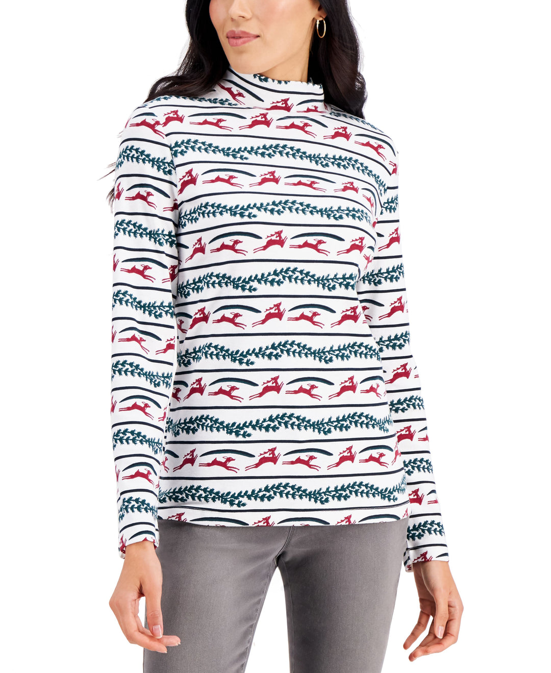 Karen Scott Reindeer Print Mock Neck Top