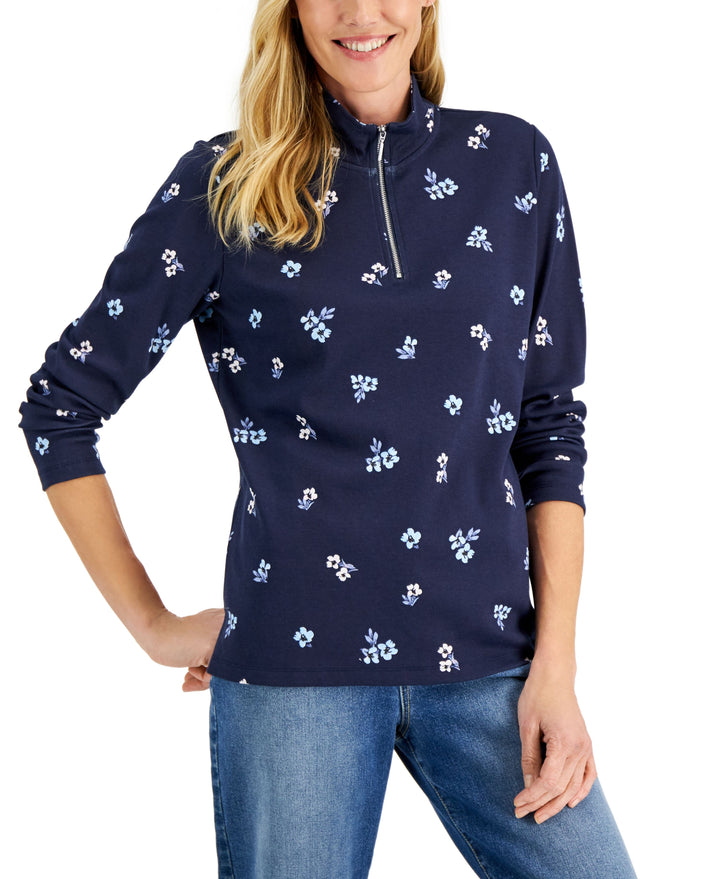 Karen Scott Fleece 1/4 Zip Cotton Blend Floral Long Sleeve Collared Pullover