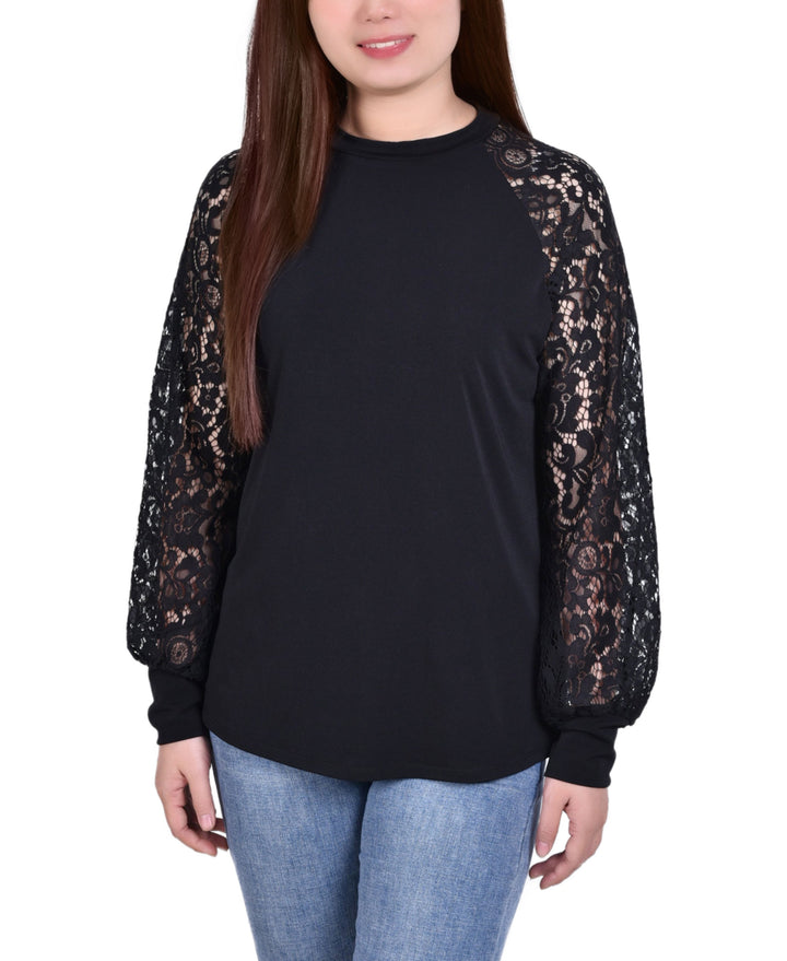 Petite Knit Crepe With Long Lace Balloon Sleeves Top
