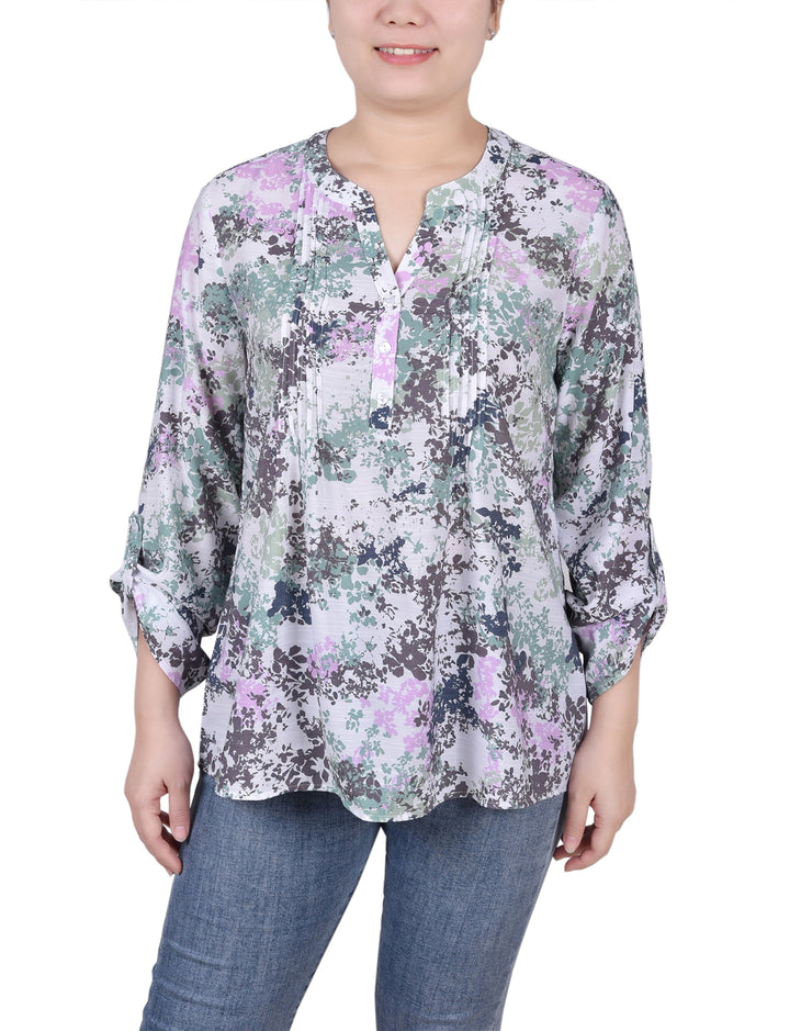 Petite Long Roll Tab Sleeve Pintuck Front Blouse