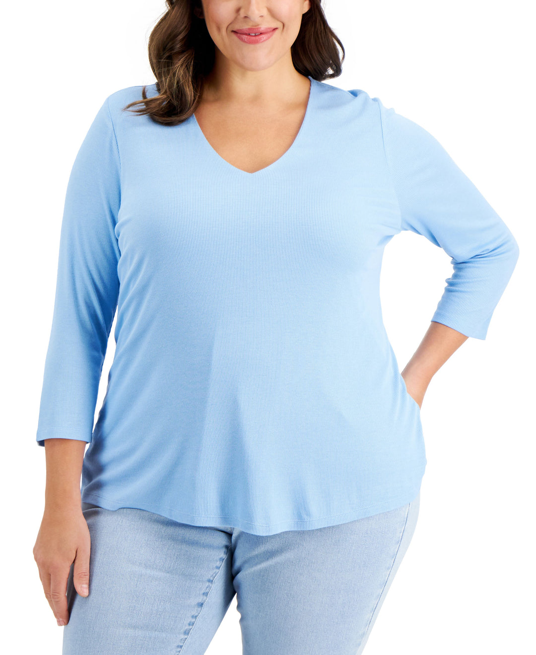 INC International Concepts Plus Size Ribbed V Neck Top