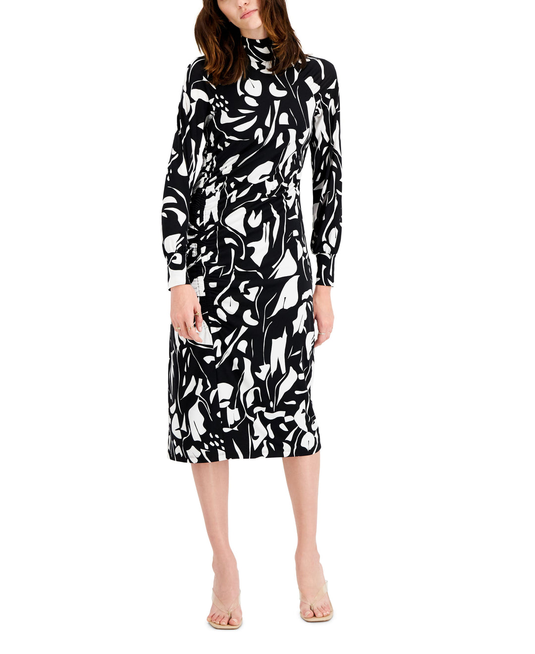 INC International Concepts Printed Asymmetrical Ruched Midi Dress