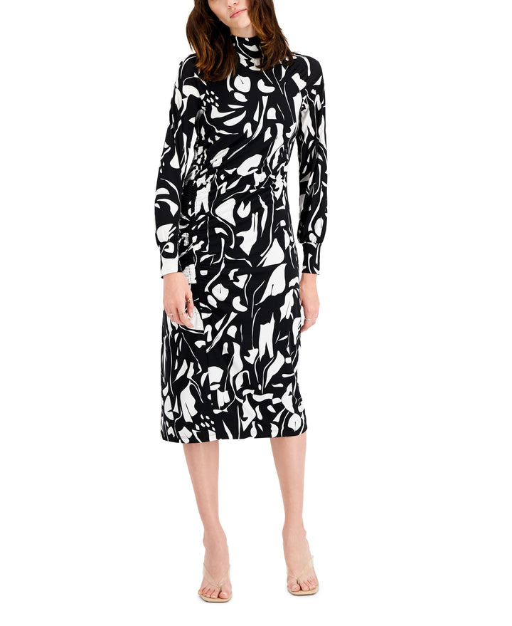 INC International Concepts Printed Asymmetrical Ruched Midi Dress