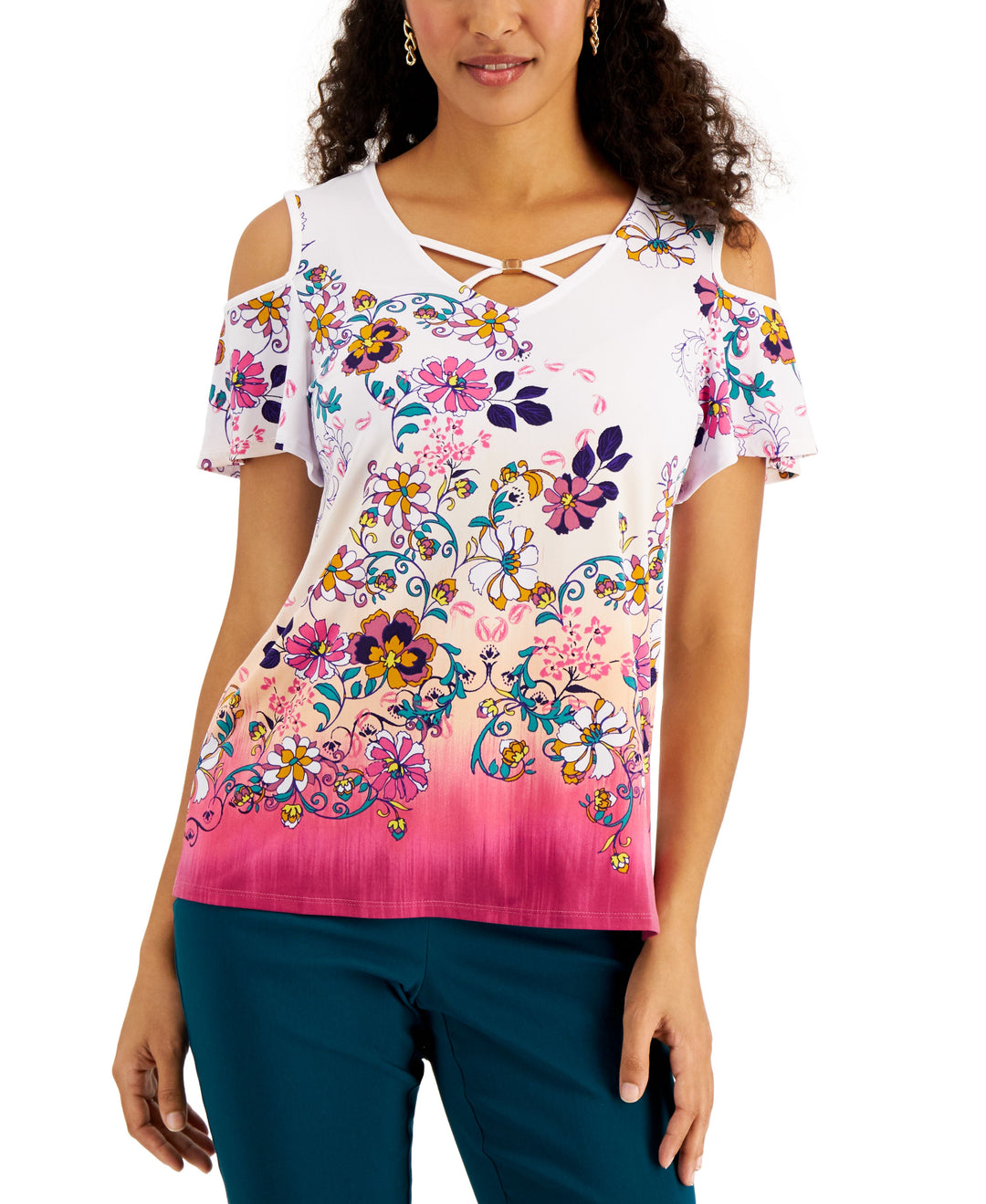 JM Collection Printed Cold Shoulder Top