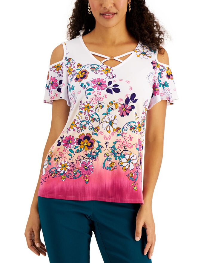 JM Collection Printed Cold Shoulder Top