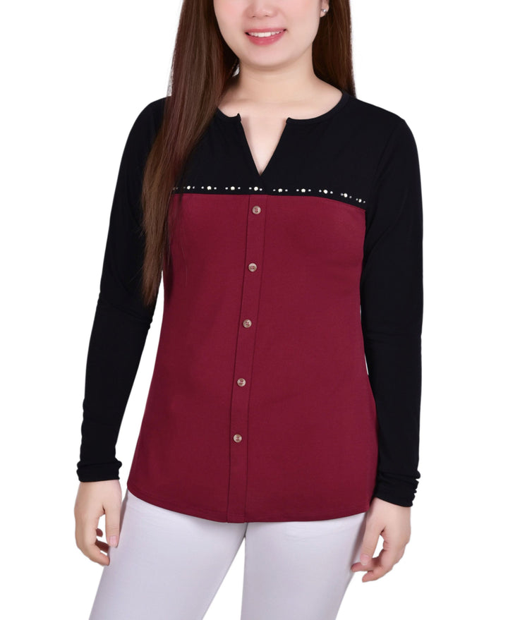 Womens Studded Color Blocked Split Neck Top