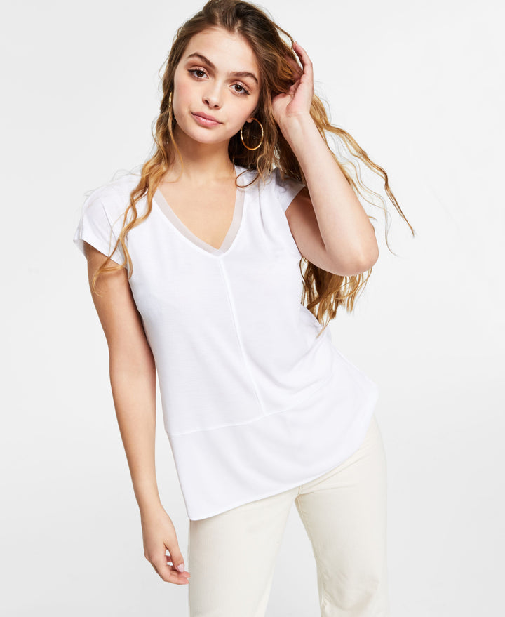 Petite V-Neck Mixed-Media Mesh Top