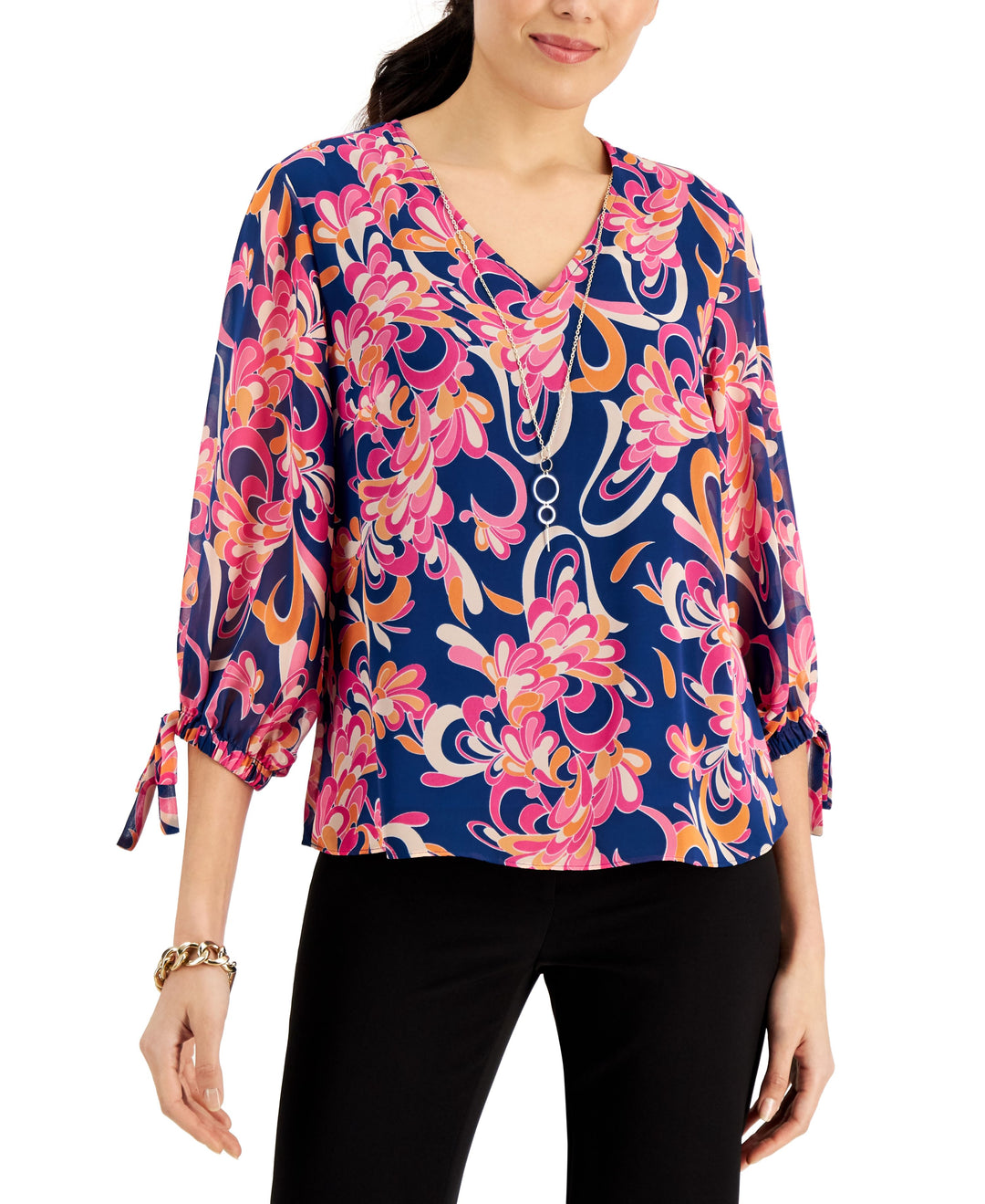 JM Collection Printed Tie Sleeve Necklace Top