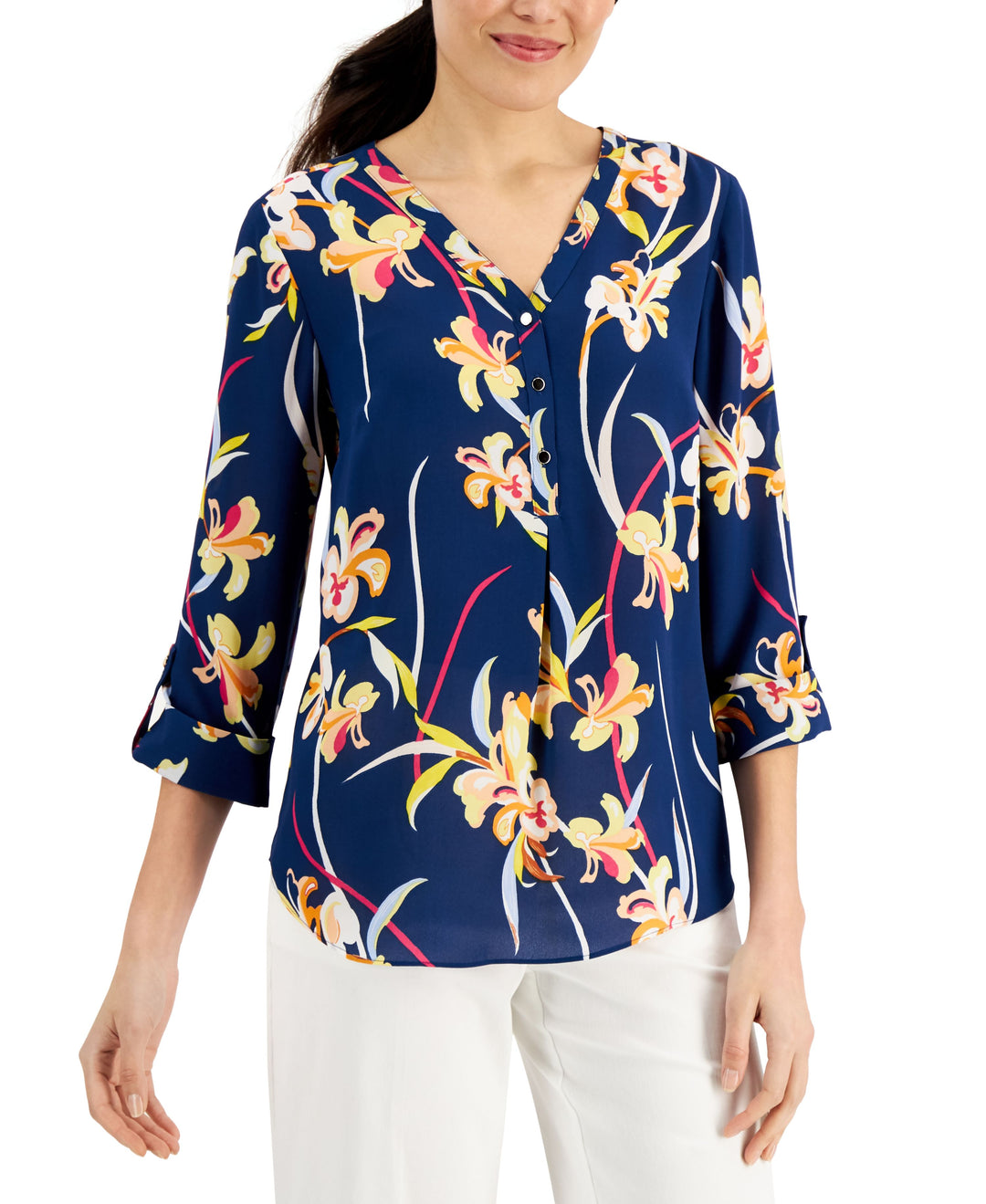 JM Collection Garden Grove Printed Tab Sleeve Top